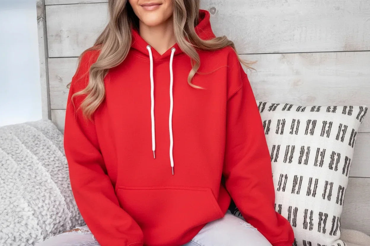 Red custom hoodie with white drawstrings, cozy fit for everyday wear