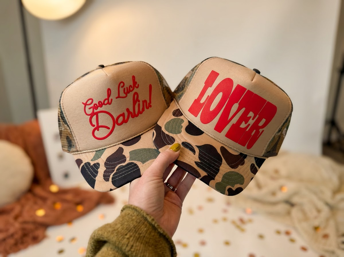 the Clandestine Underground Western Trucker Hat - LOVER Red 3D Puff Ink Camo | Everyday Customs Co. - Apparel & Accessories