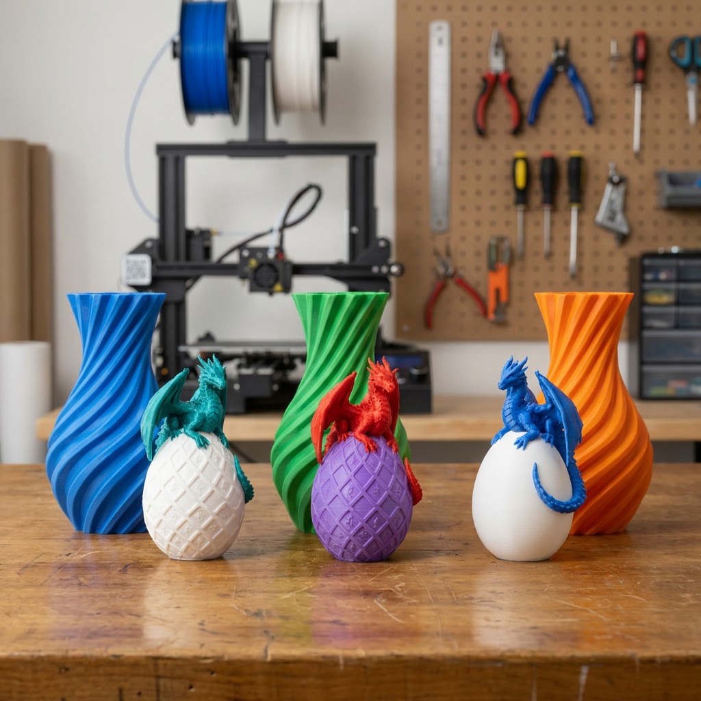 Custom 3D printed spiral vases and articulated dragons on eggs in colorful filament, shown in a professional workshop.