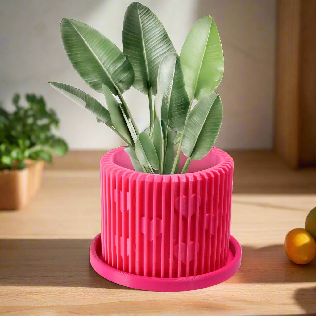 Rosebud HomeGoods Modern Heart Planter with Saucer – Ribbed 3D Printed Home Decor - Apparel & Accessories Planter