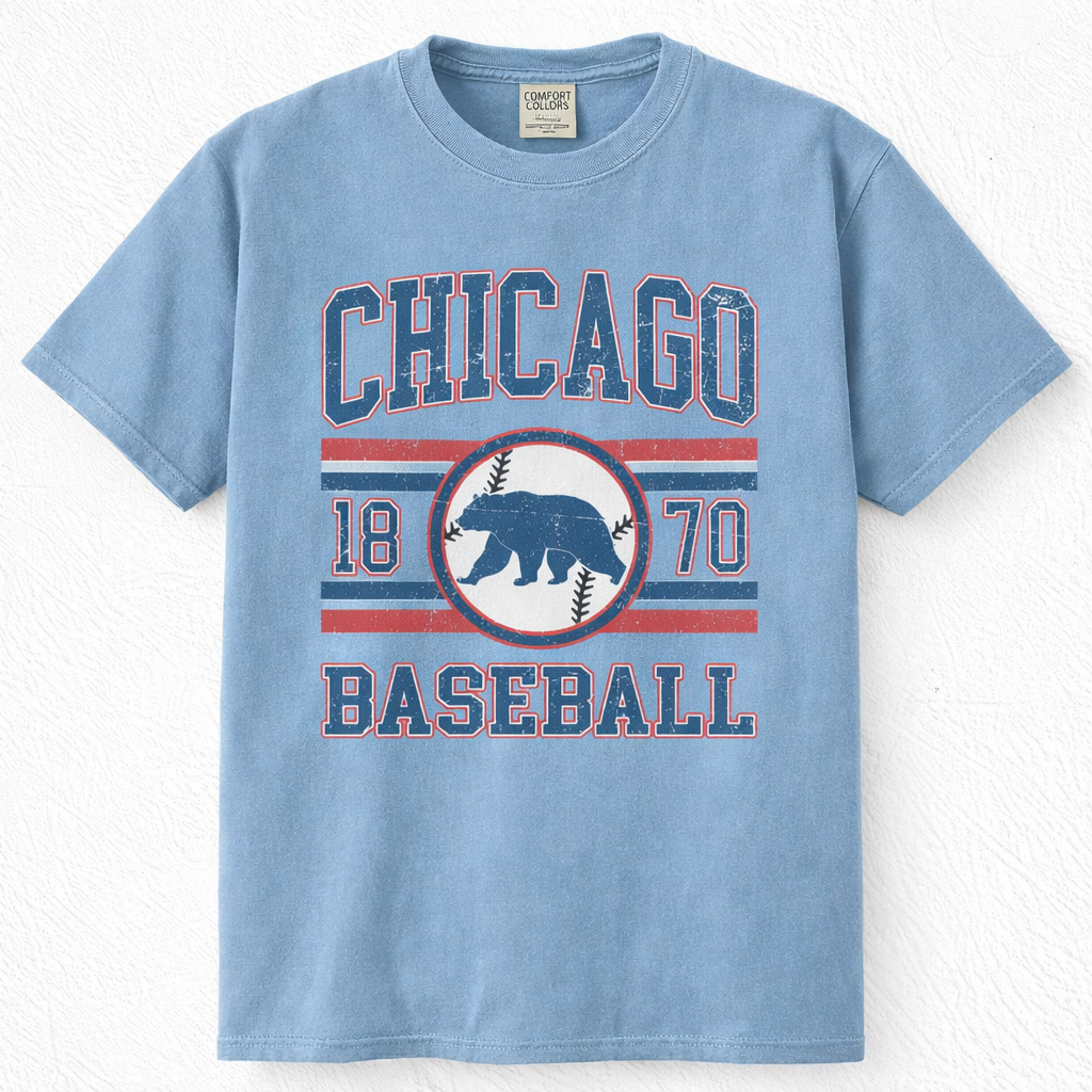Blue Chicago 1870 Baseball Comfort Colors T-shirt with vintage bear logo and striped graphics.
