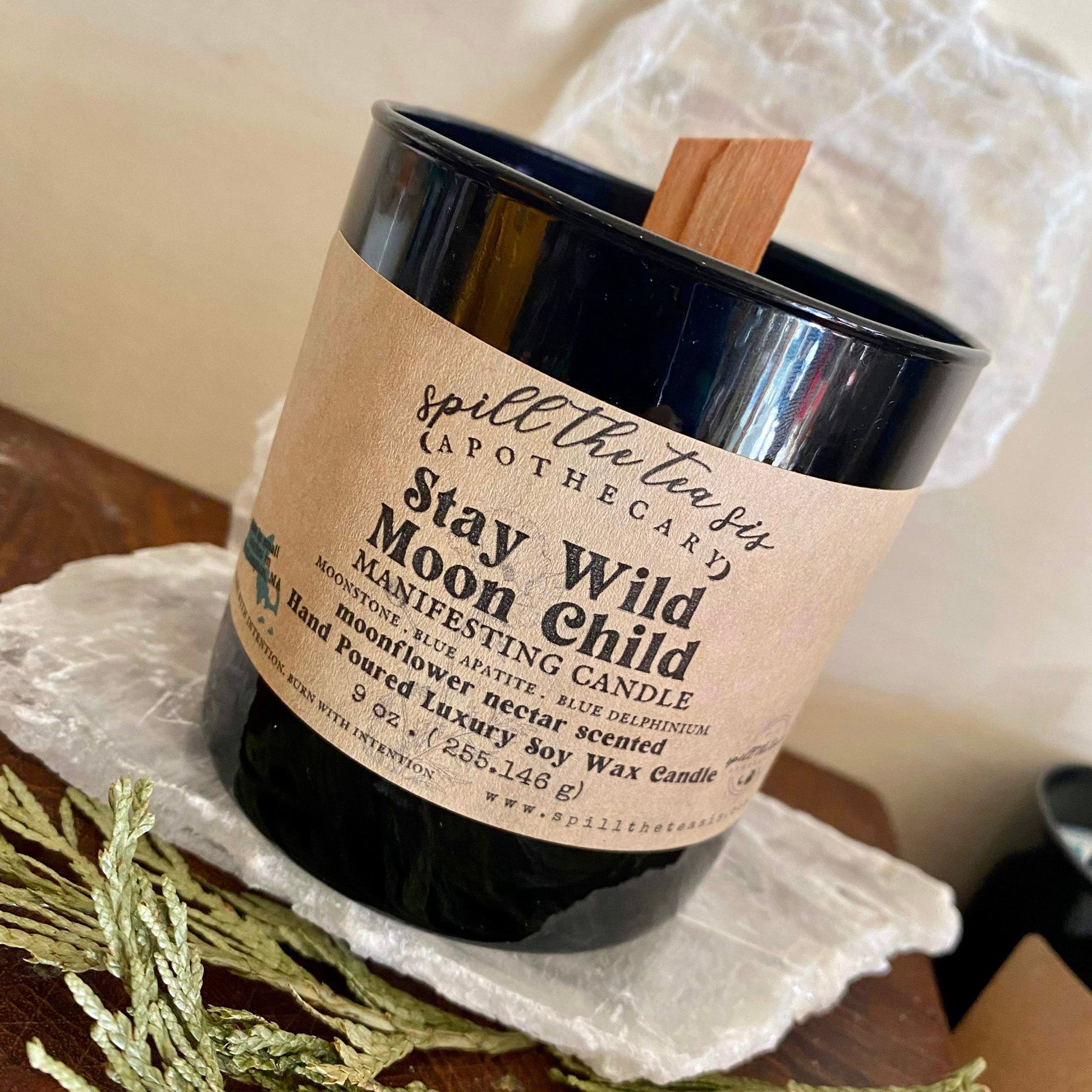 Spill The Tea Sis Apothecary Stay Wild Moon Child Manifesting Candle | Moonstone, Blue Apatite, Moonflower Nectar Soy Wax - Apparel & Accessories