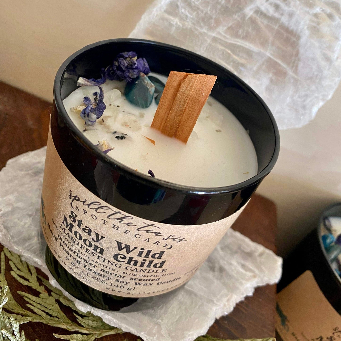 Spill The Tea Sis Apothecary Stay Wild Moon Child Manifesting Candle | Moonstone, Blue Apatite, Moonflower Nectar Soy Wax - Apparel & Accessories