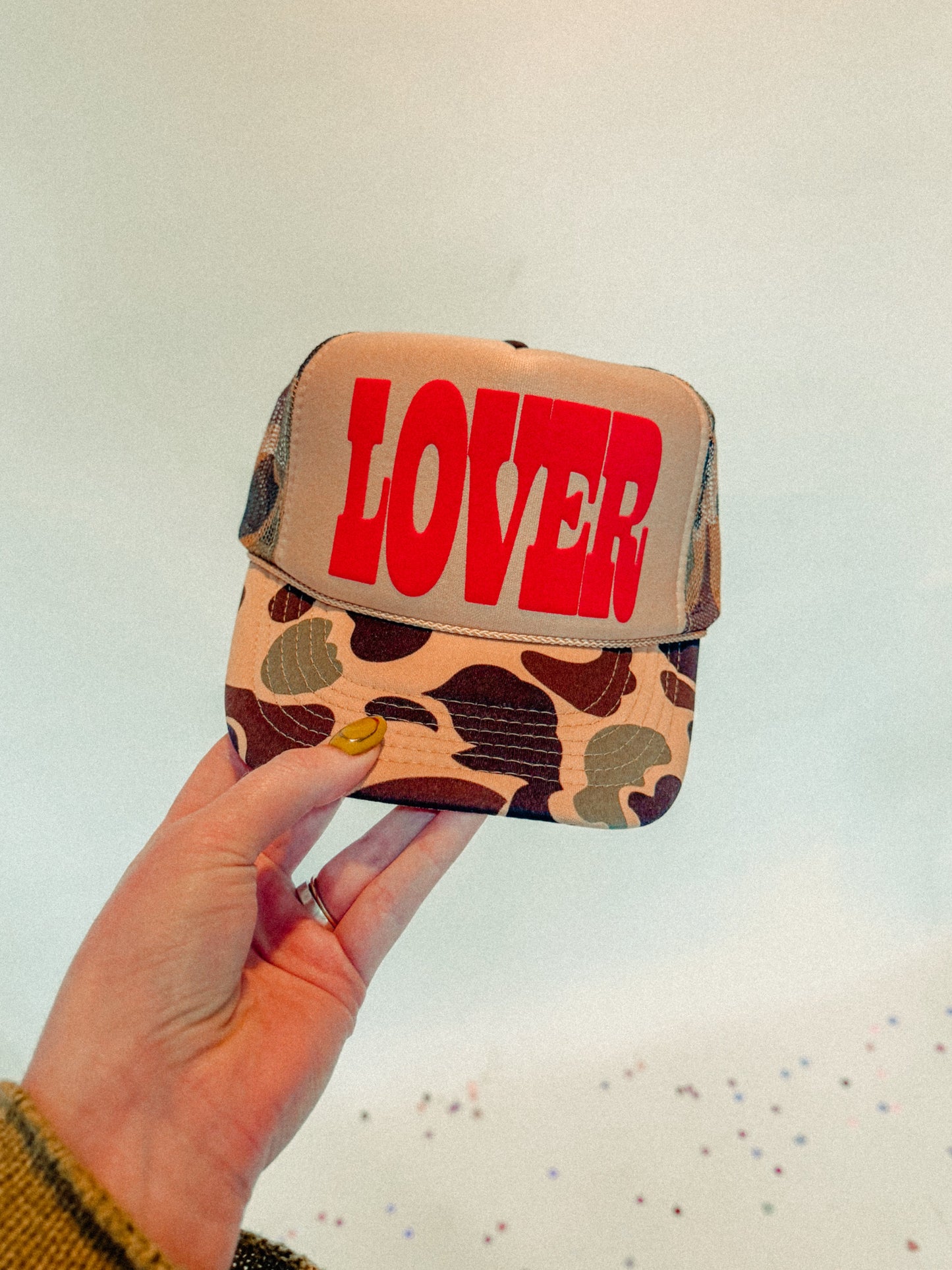 the Clandestine Underground Western Trucker Hat - LOVER Red 3D Puff Ink Camo | Everyday Customs Co. - Apparel & Accessories