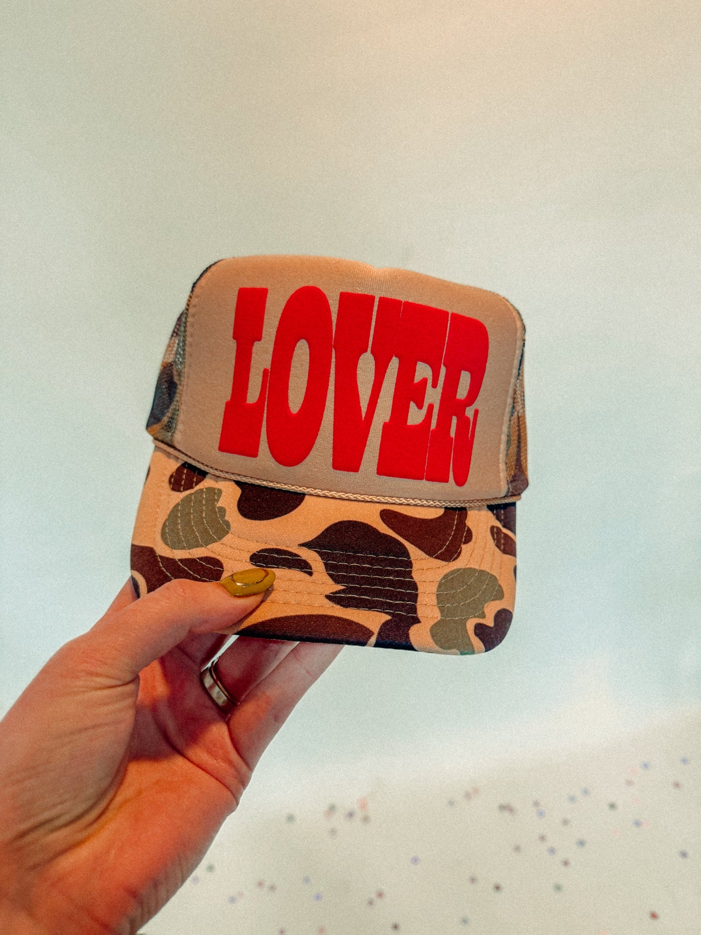 the Clandestine Underground Western Trucker Hat - LOVER Red 3D Puff Ink Camo | Everyday Customs Co. - Apparel & Accessories