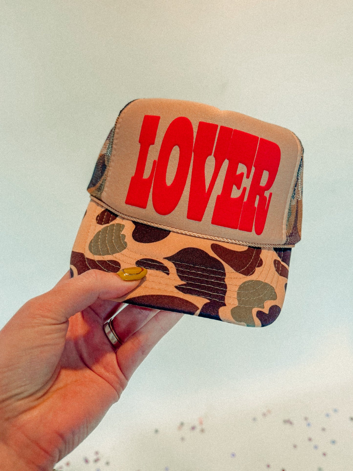 the Clandestine Underground Western Trucker Hat - LOVER Red 3D Puff Ink Camo | Everyday Customs Co. - Apparel & Accessories