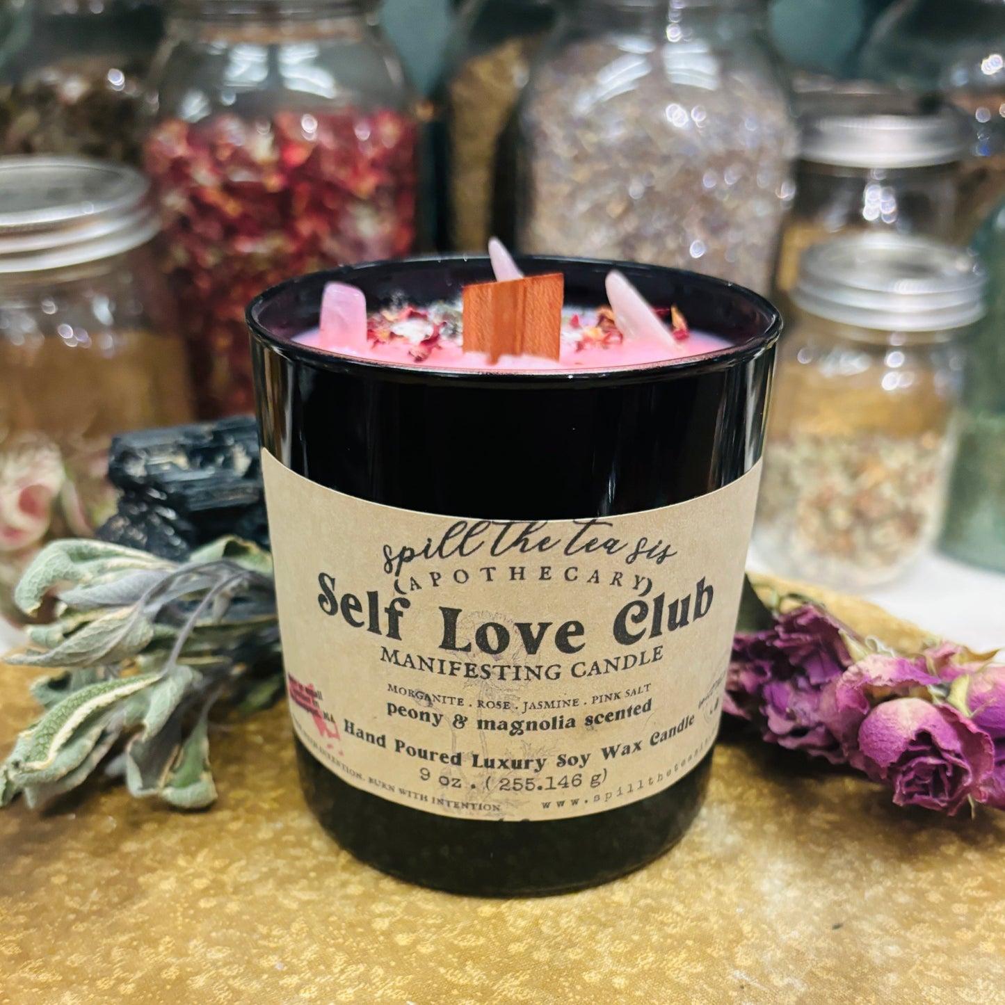 Spill The Tea Sis Apothecary Self Love Club Manifesting Candle | Peony Magnolia Scented Soy Wax Candle - Apparel & Accessories