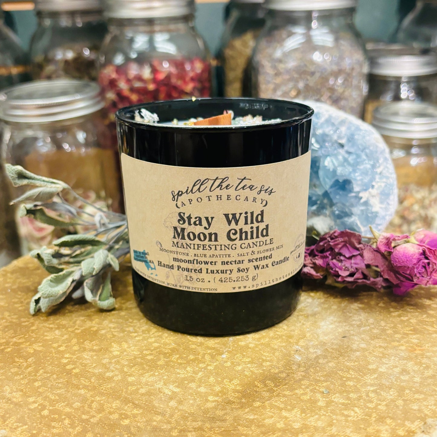 Spill The Tea Sis Apothecary Stay Wild Moon Child Manifesting Candle | Moonstone, Blue Apatite, Moonflower Nectar Soy Wax - Apparel & Accessories