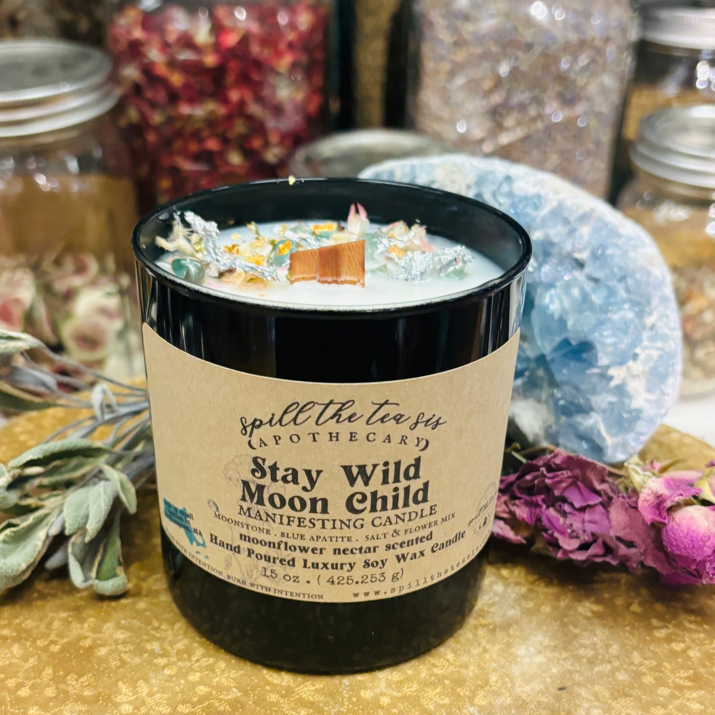 Spill The Tea Sis Apothecary Stay Wild Moon Child Manifesting Candle | Moonstone, Blue Apatite, Moonflower Nectar Soy Wax - Apparel & Accessories