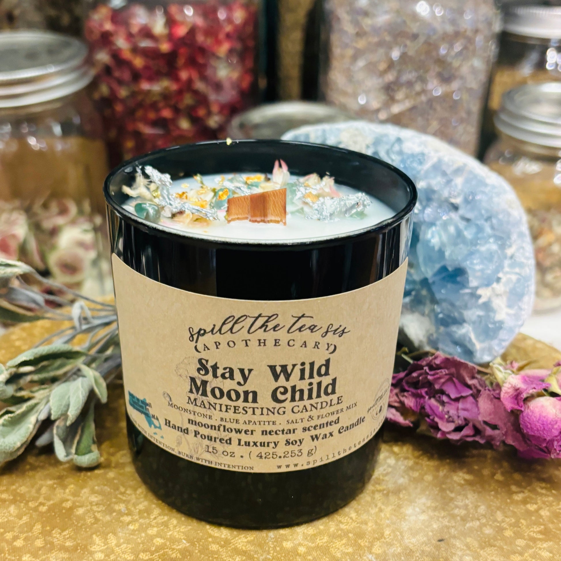 Spill The Tea Sis Apothecary Stay Wild Moon Child Manifesting Candle | Moonstone, Blue Apatite, Moonflower Nectar Soy Wax - Apparel & Accessories