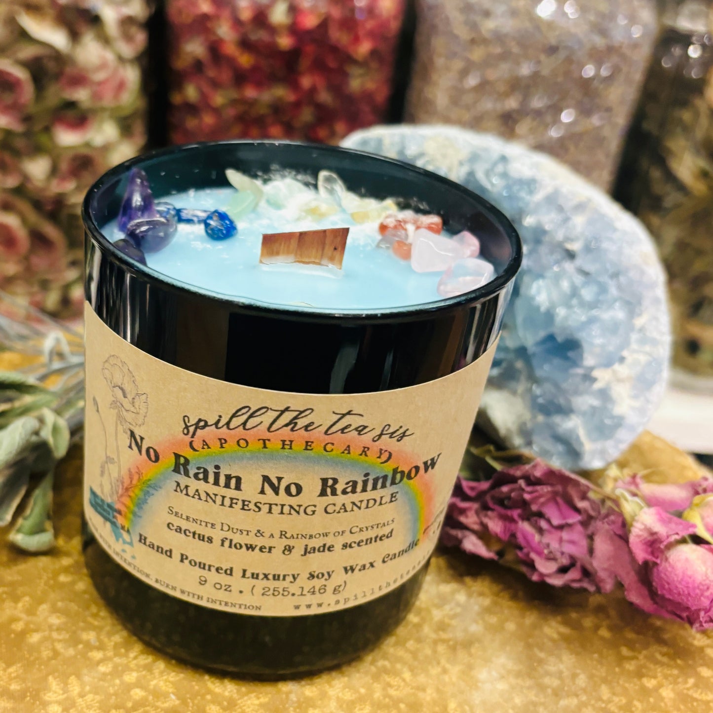 Spill The Tea Sis Apothecary No Rain Rainbow Intention Candle | Grief, Loss, Healing Soy Wax Candle - Apparel & Accessories