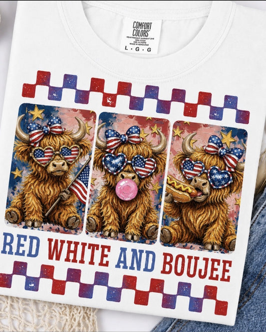Red White and Boujee Highland Cow Tee - Comfort Colors Graphic Tee | Everyday Customs Co.