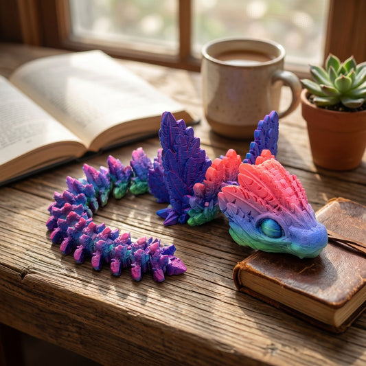 Flexible multicolor Cinderwing Dragon figurine posed on a shelf in a cafe environment with natural light and inviting atmosphere.