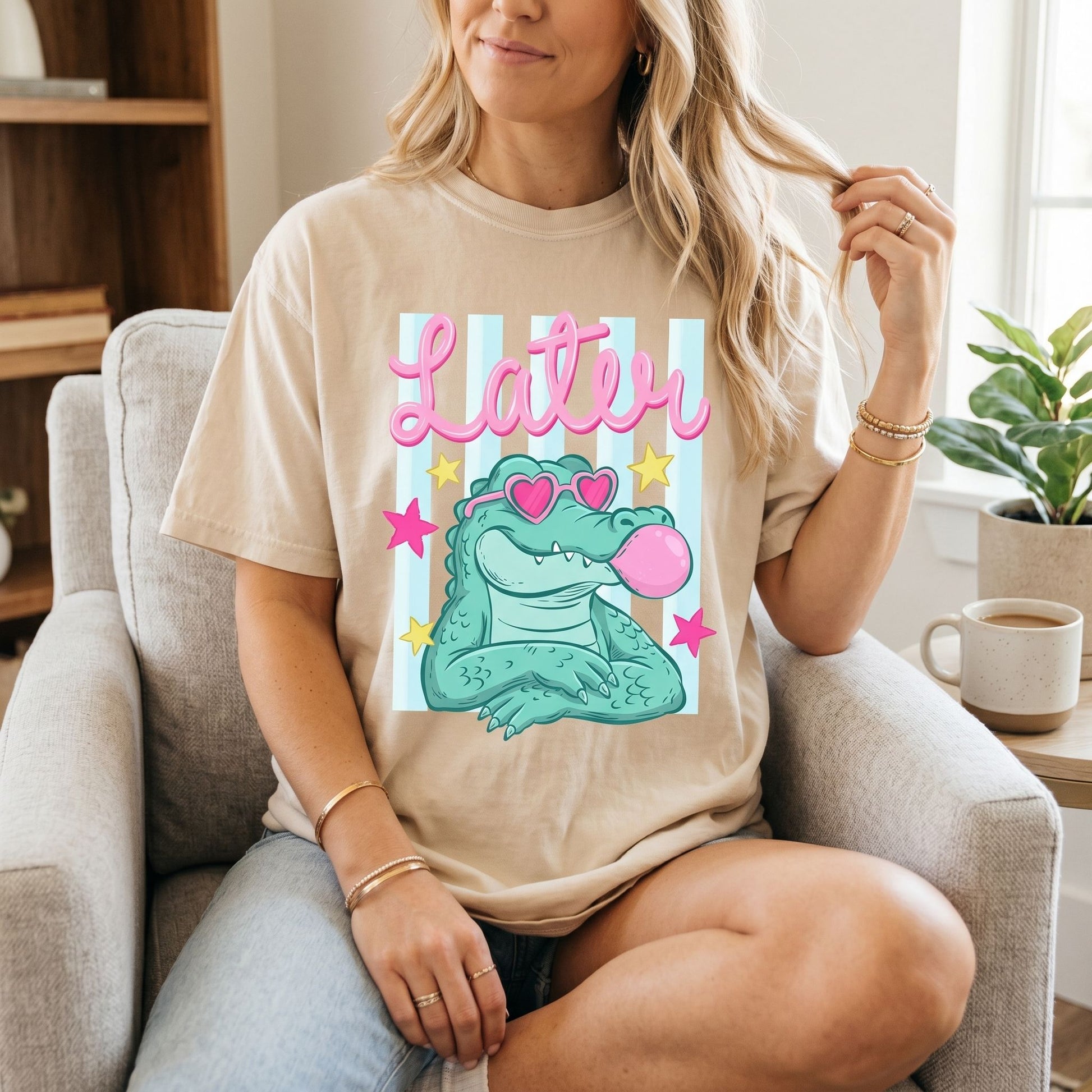 Lived-in environment with natural lighting showcasing the 'Later Gator After While' graphic tee, emphasizing comfort and durability.