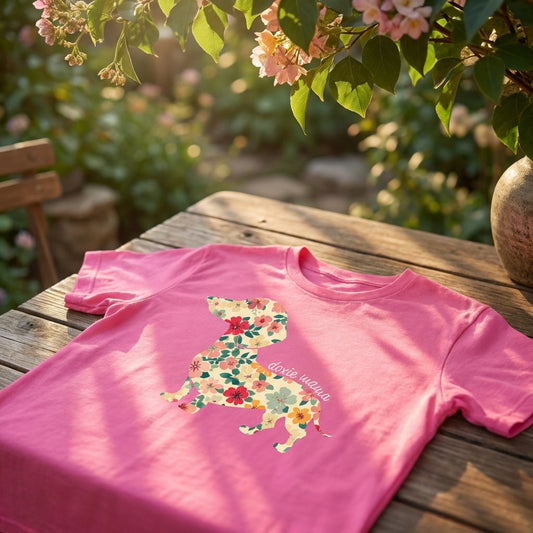 Pink Doxie Mama t-shirt with floral dachshund graphic displayed on a wooden table in a sunny outdoor garden.