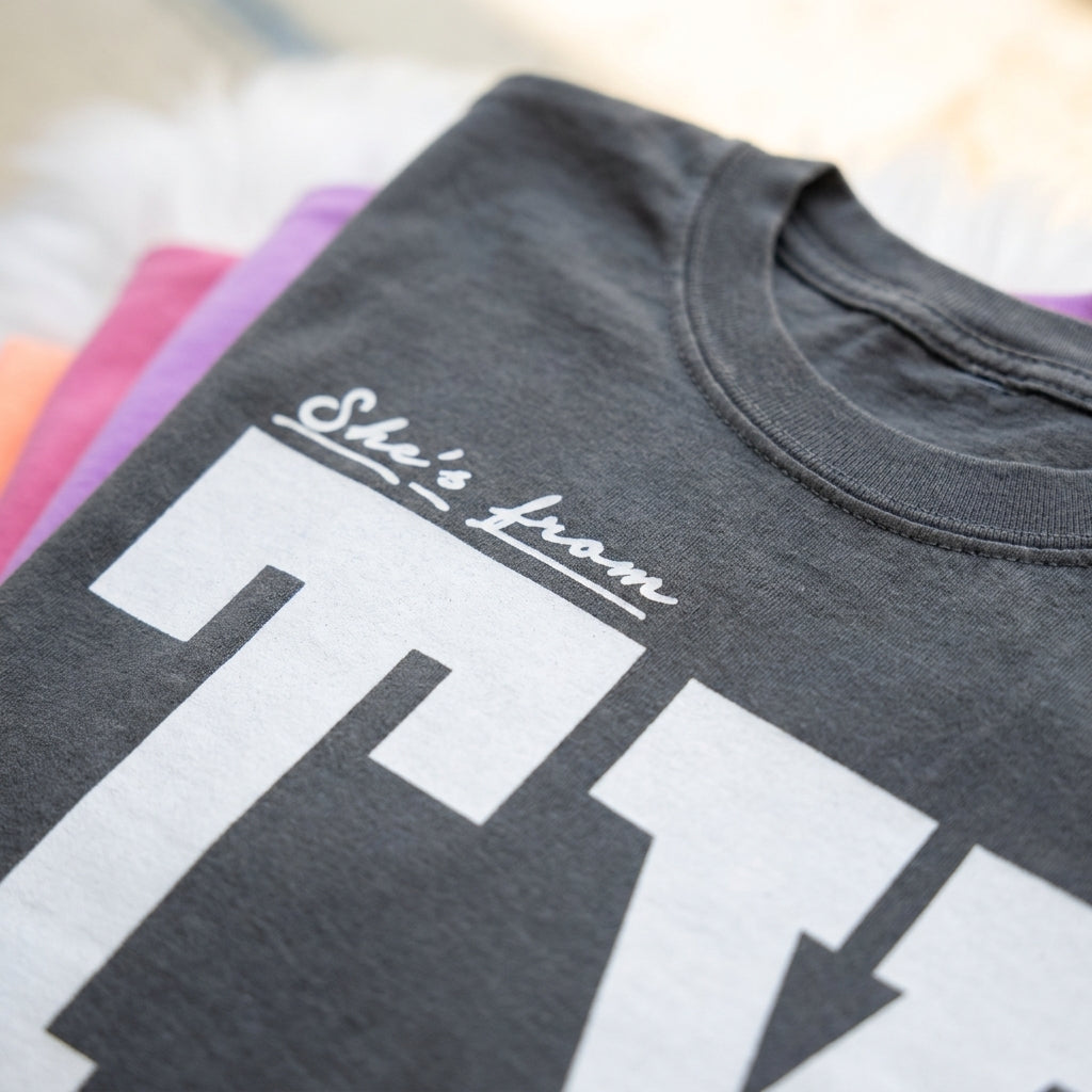 Close-up of the chest area of a Custom State Pride T-Shirt highlighting high-definition print and soft garment-dyed fabric.