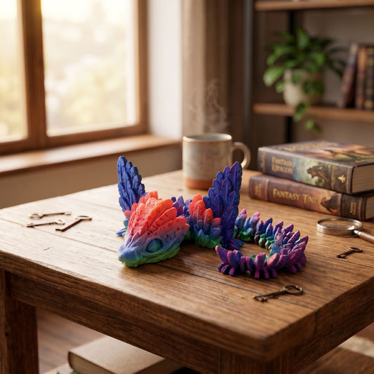 Vibrant articulated Cinderwing Dragon displayed in a cozy living room setting with warm lighting and soft-focus background.