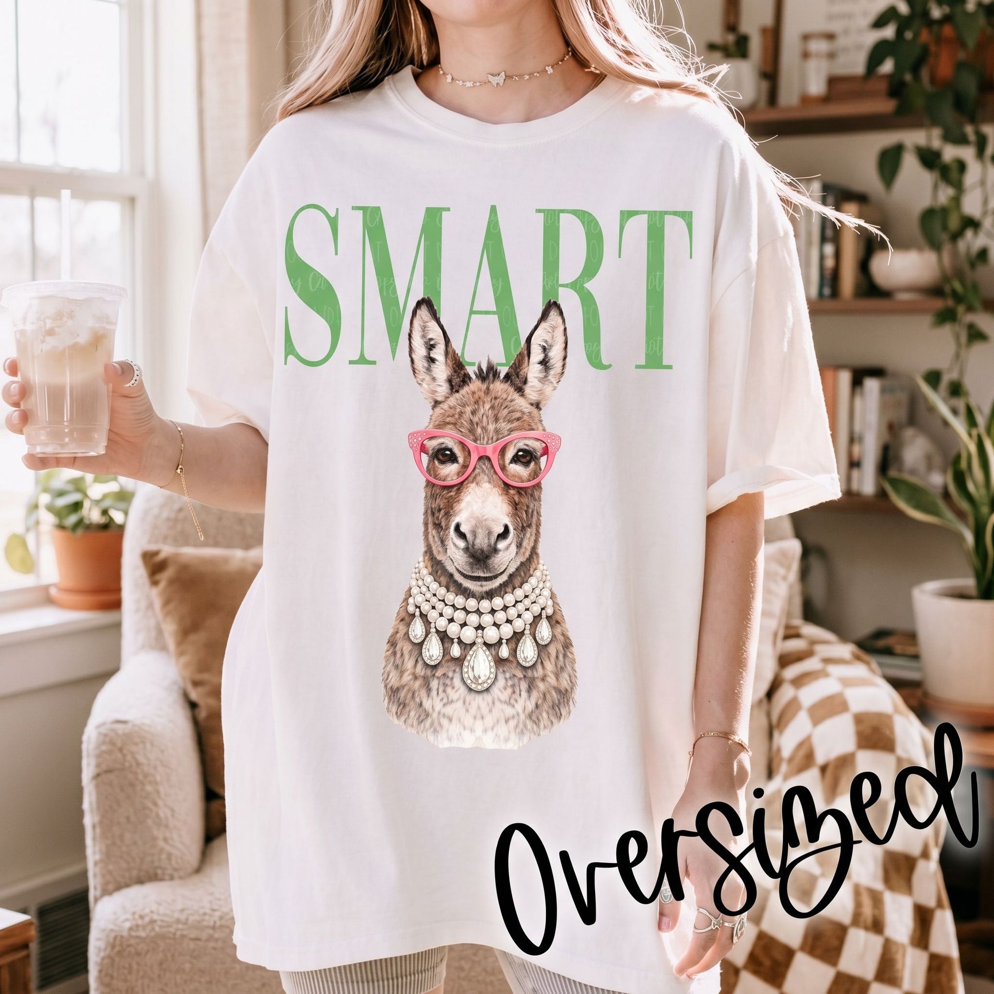 Lived-in lifestyle shot of the SMART Donkey Tee in a cozy, natural setting emphasizing comfort and humor.