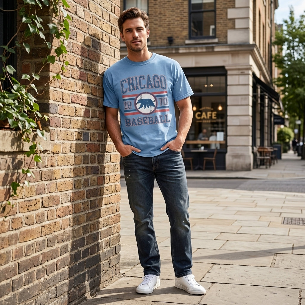 Model wearing Chicago 1870 Baseball Comfort Colors T-shirt in urban setting, highlighting relaxed fit, true color, and fabric detail with natural lighting.
