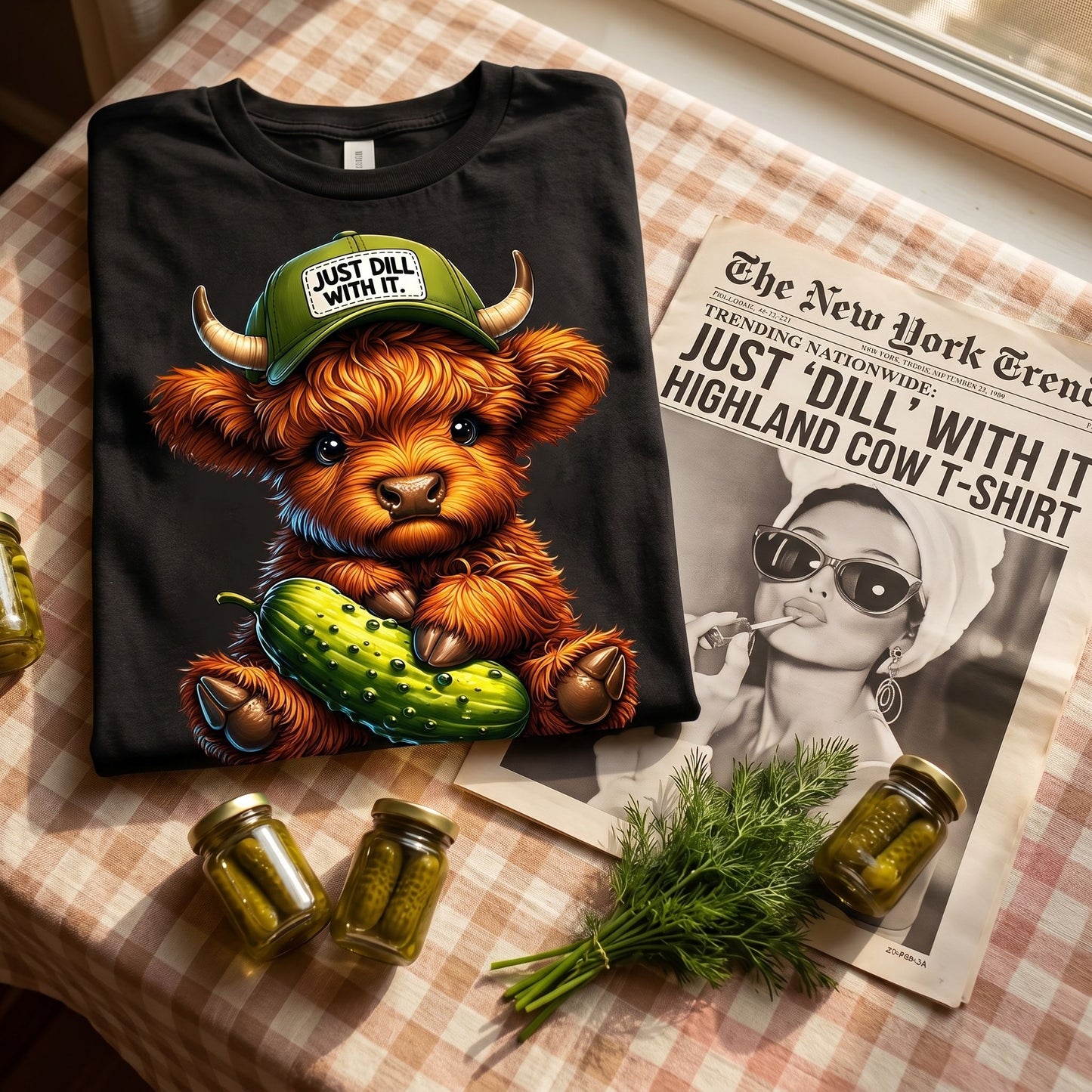 Comfortable living room setting showcasing Highland Cow T-Shirt with soft, warm natural lighting.