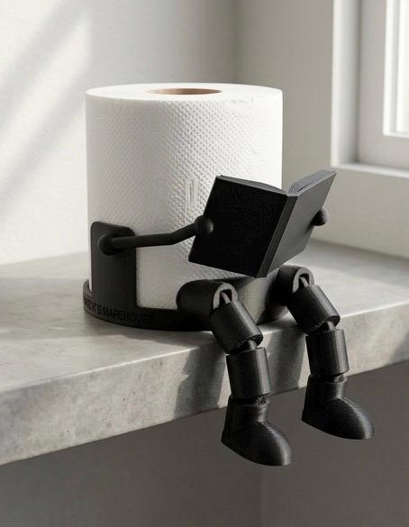 3D printed robot toilet paper holder with articulated reading man reading a book beside a roll.