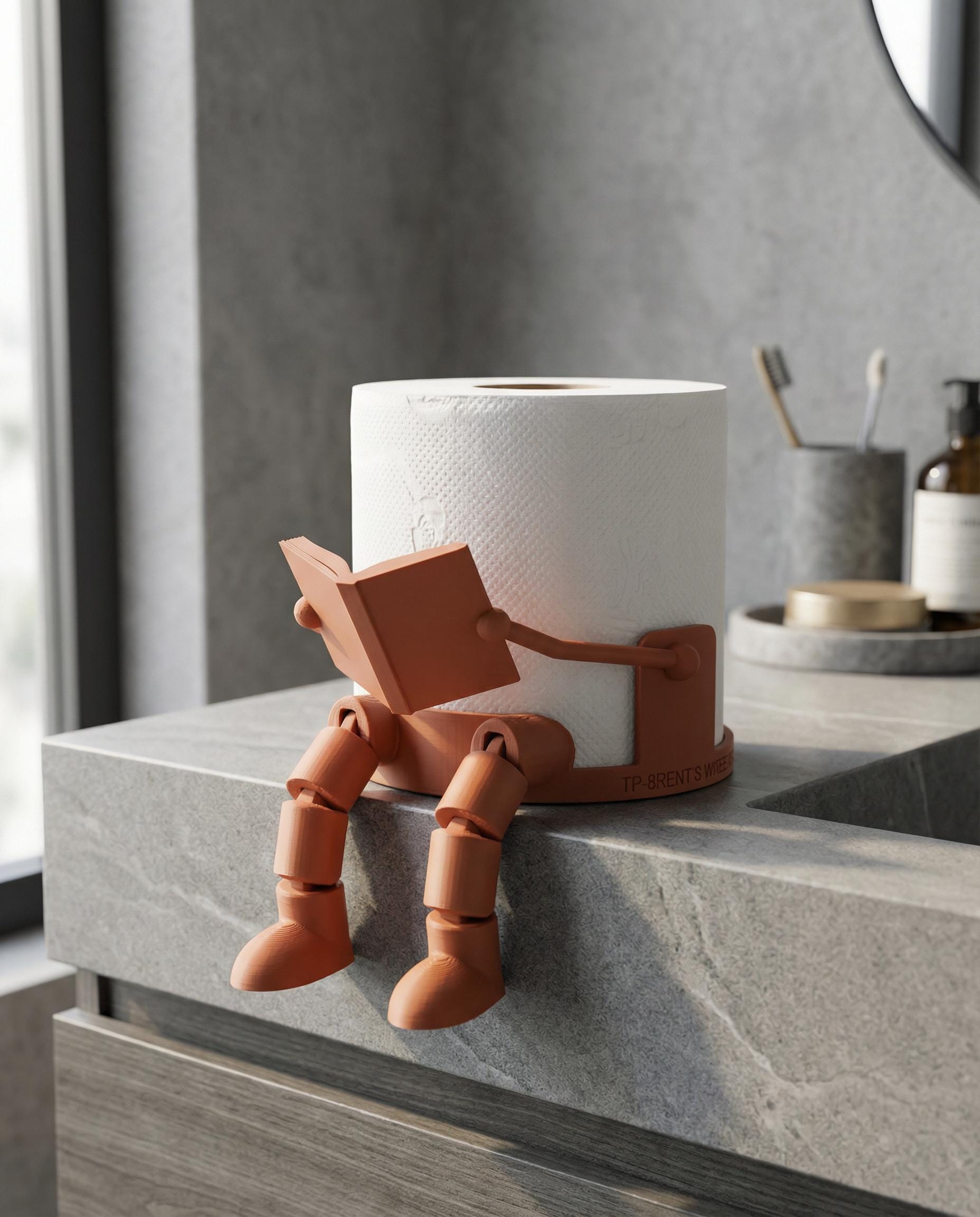 Rust-colored 3D-printed articulated robot reading-man toilet paper holder, sitting on bathroom counter beside a roll.