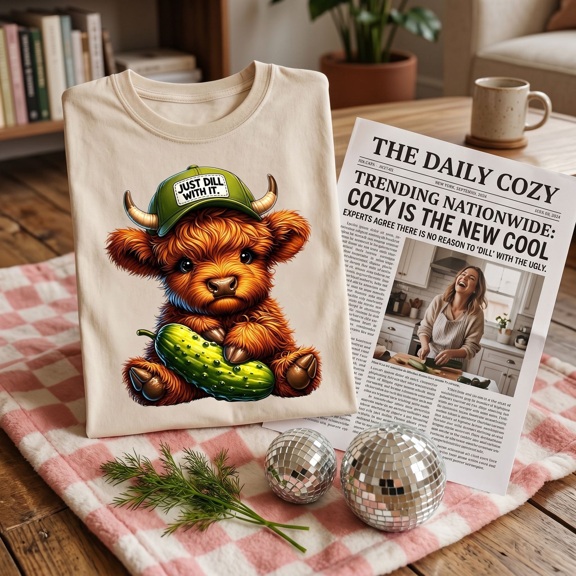 Close-up of Just 'Dill' With It Highland Cow T-Shirt in cozy lifestyle setting with warm lighting.