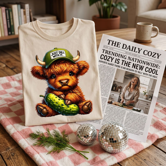 Close-up of Just 'Dill' With It Highland Cow T-Shirt in cozy lifestyle setting with warm lighting.