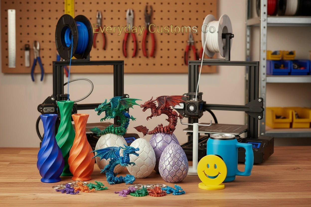 Custom 3D printed articulated dragons, vases, and dragon eggs displayed in front of 3D printers in a workshop.