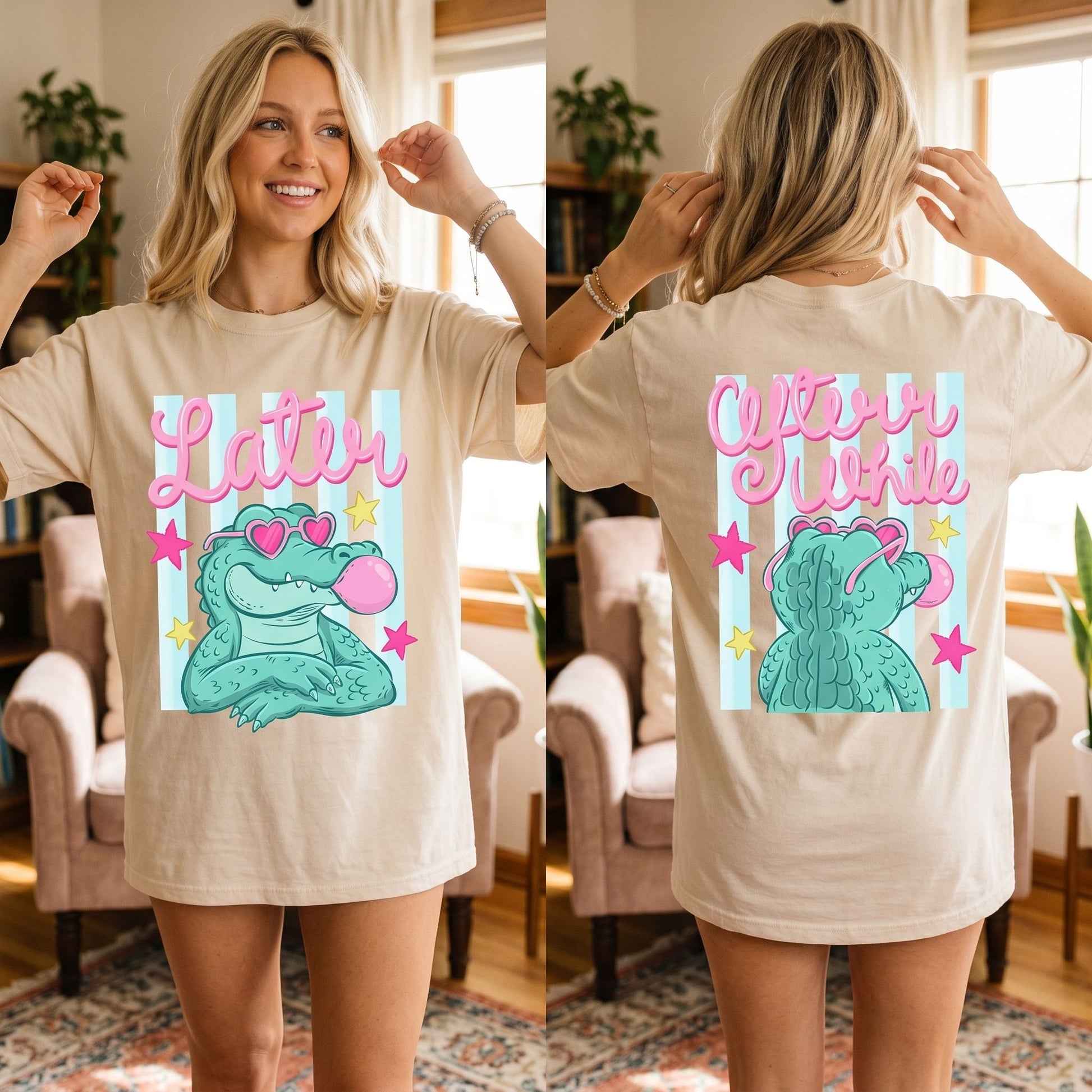 Comfort Colors graphic tee with 'Later Gator After While' slogan, showcased in a cozy, inviting living room setting with warm lighting.