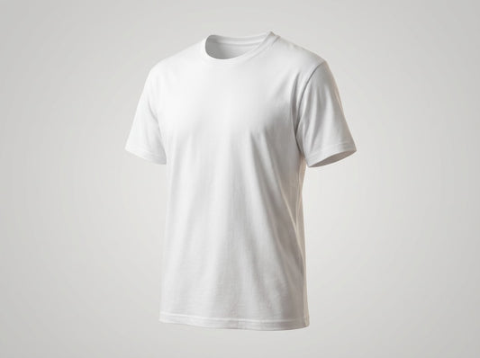 Plain white custom personalized t-shirt for DTF printing on a light gray background by Everyday Customs Co.