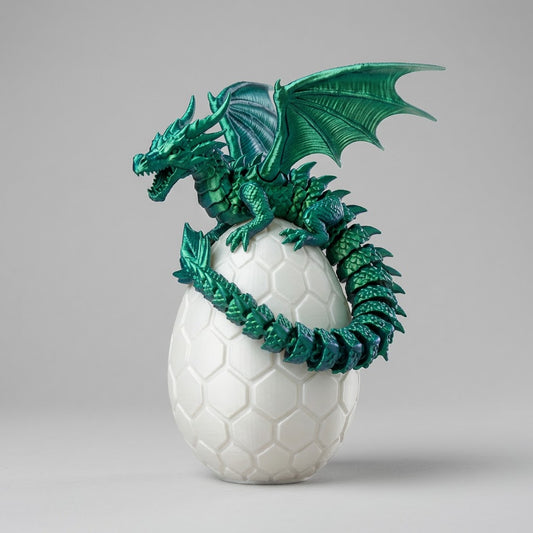 A metallic green articulated dragon, a Custom 3D Printing Service gift, perched on a white textured egg.