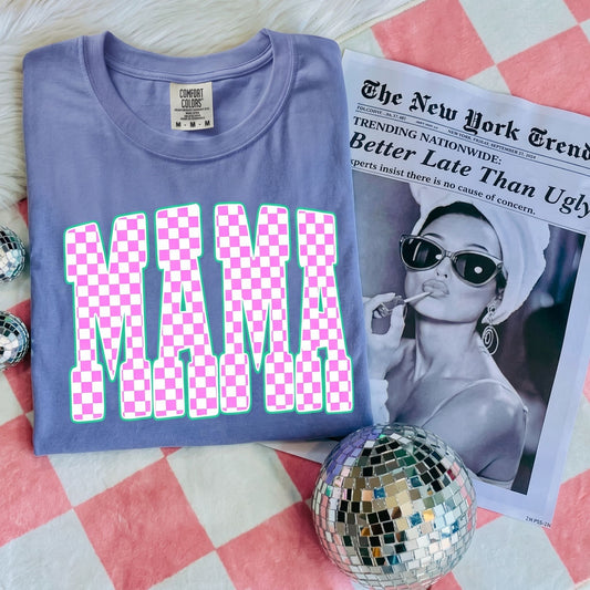 Mama Comfort Colors T-shirt worn by a mom in a cozy living room, showcasing relaxed fit and breathable fabric for everyday comfort.