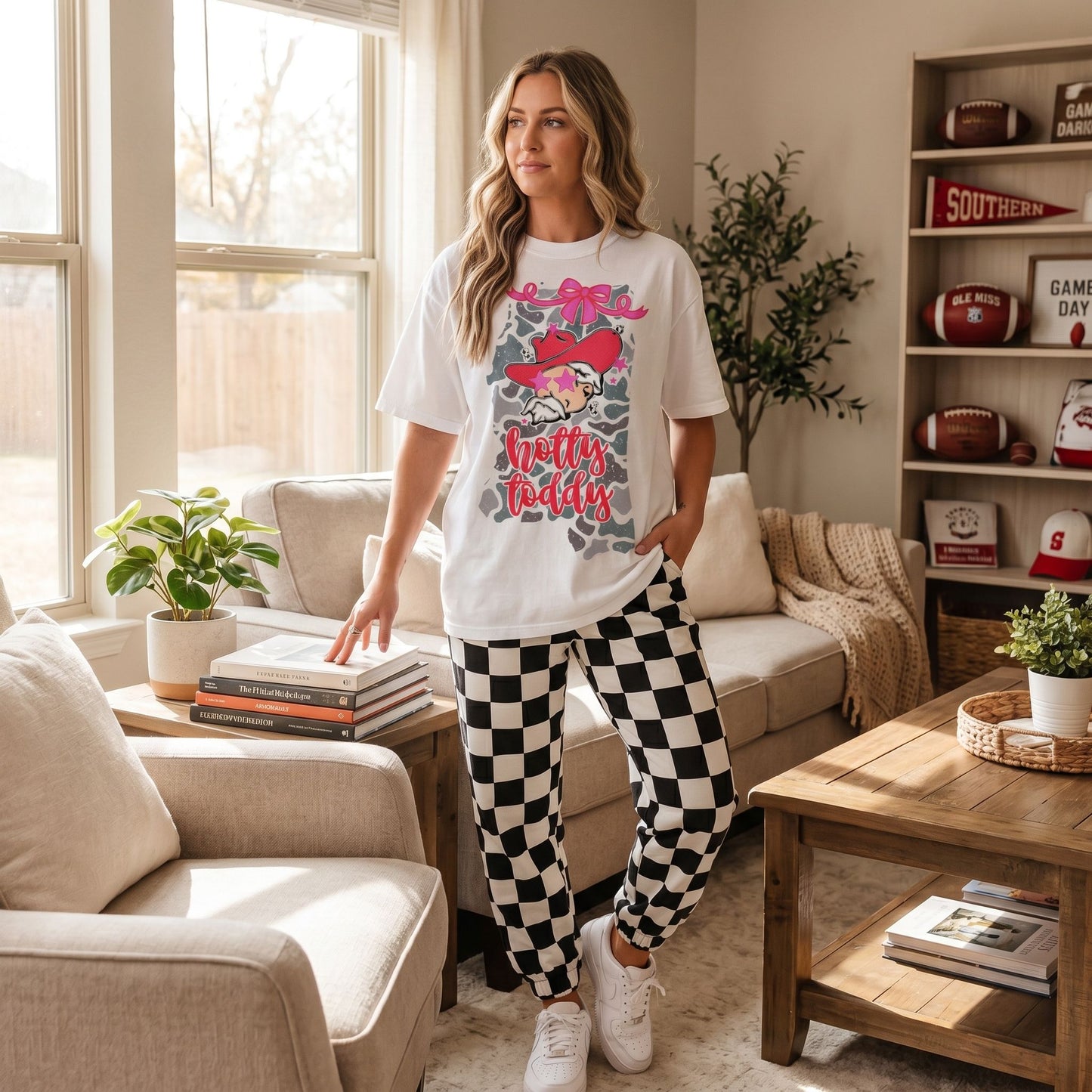 Full-body shot of Ole Miss camo mascot t-shirt on a relaxed model in a cozy home environment highlighting comfort and Southern charm.