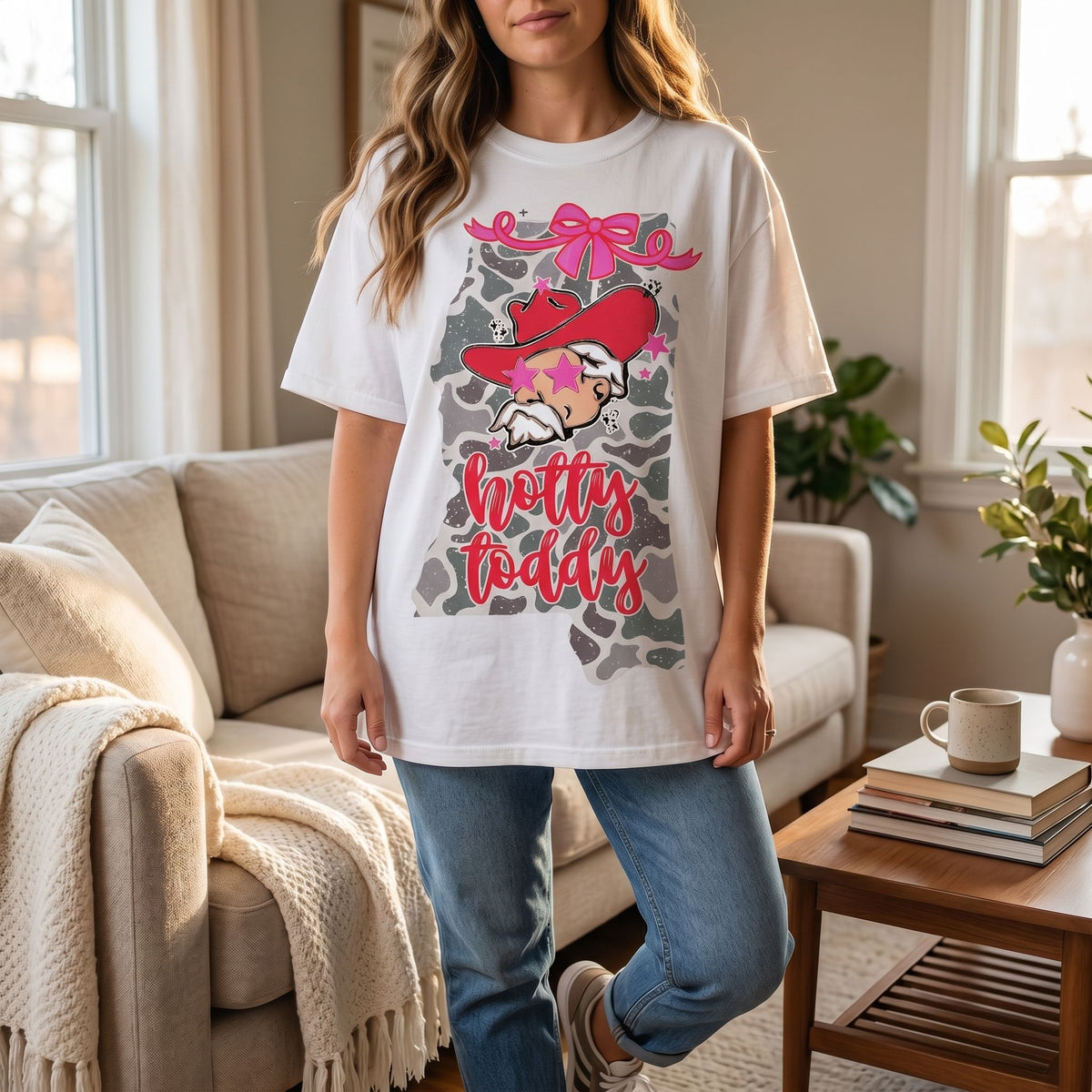 Full-body of model wearing Ole Miss camo mascot T-shirt in cozy living room setting highlighting relaxed fit and detailed print