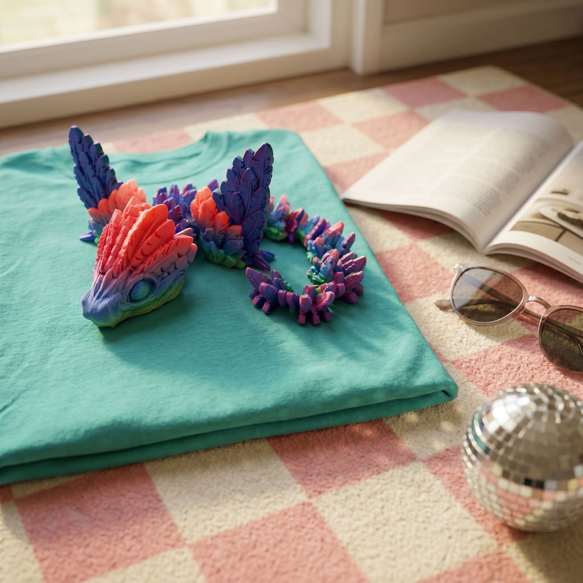 Dynamic pose of the articulated Cinderwing Dragon in a relaxed corner with natural light, highlighting detailed textures and colors.