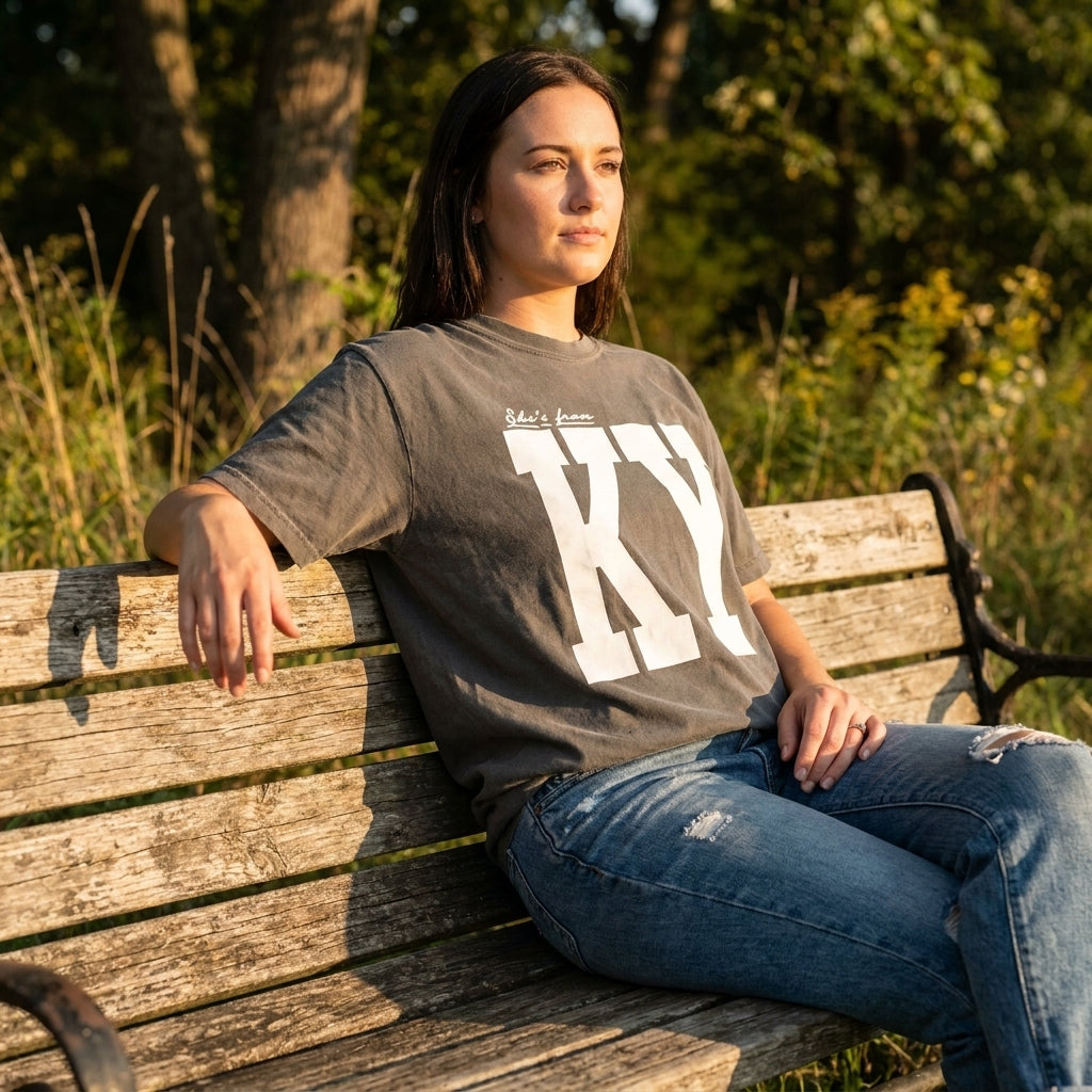 Model seated outdoors wearing a relaxed-fit Custom State Pride T-Shirt in warm morning light with natural background.