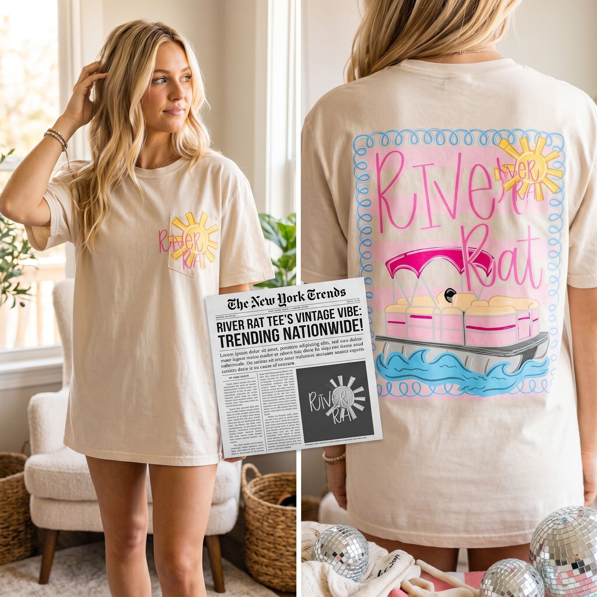 Vintage-style River Rat graphic tee featured in a warm cafe setting, with inviting lighting and relaxed atmosphere, demonstrating its casual appeal.