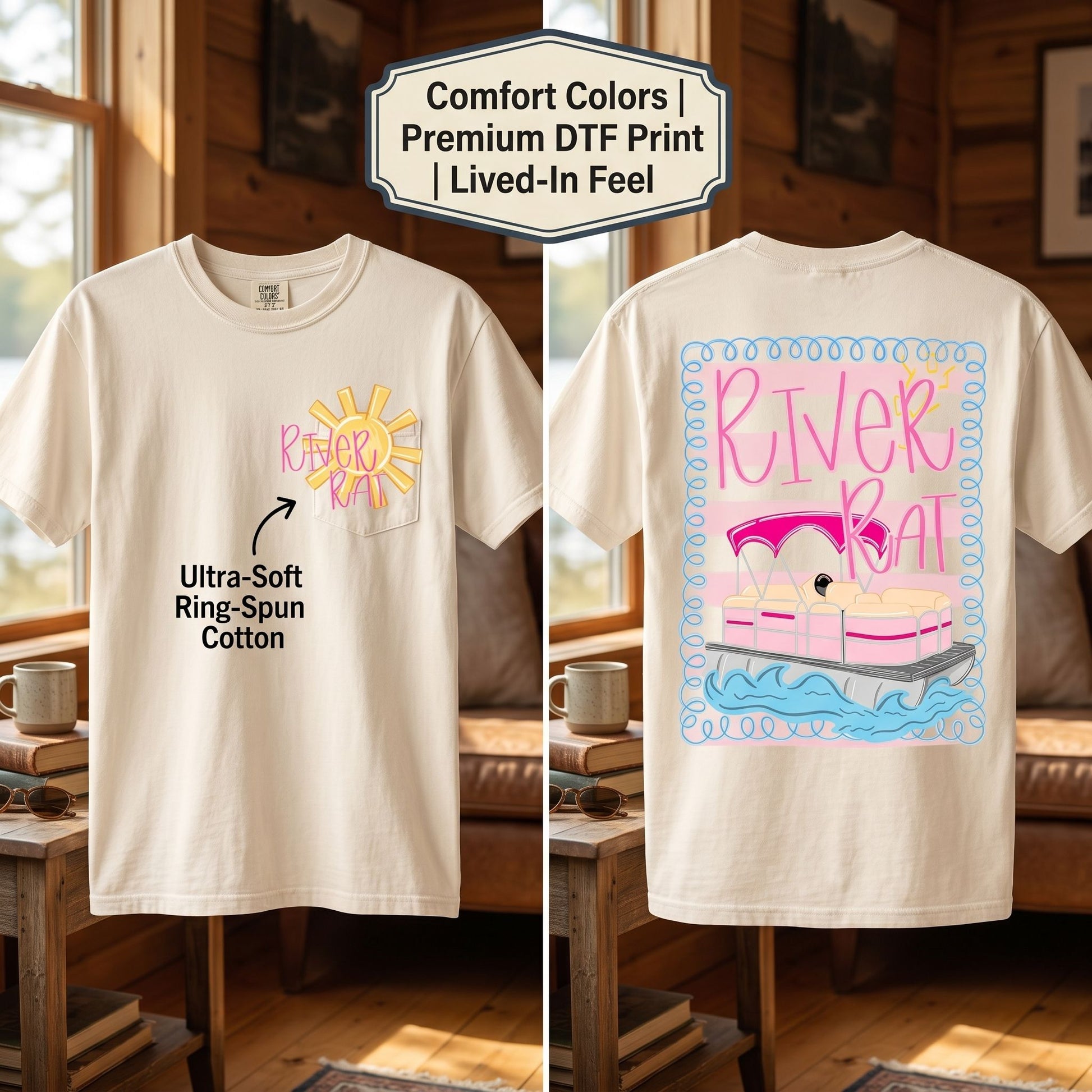 Relaxed fit River Rat graphic tee showcased in a cozy home environment with natural lighting, emphasizing its vintage look and soft fabric.