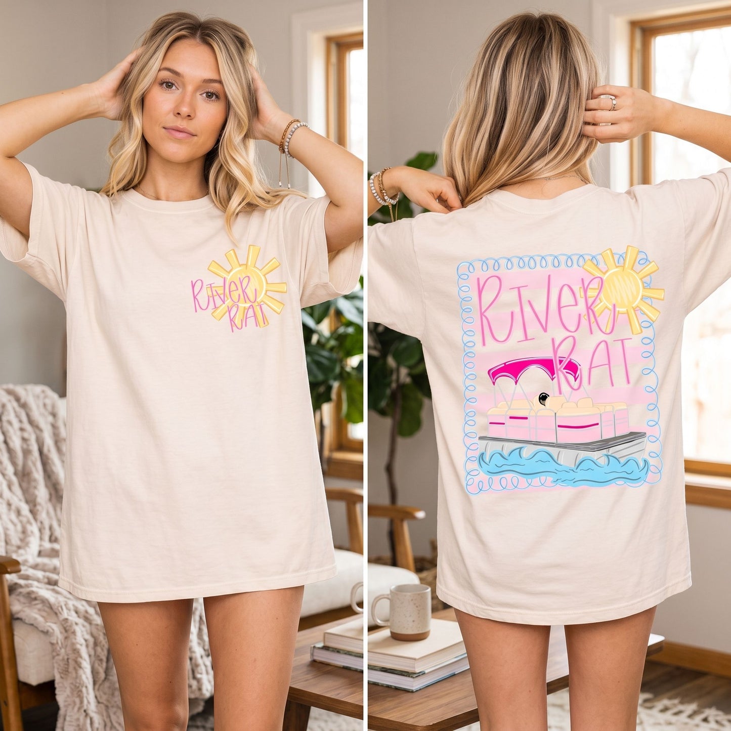 Casual River Rat graphic tee in a cozy living room setup, highlighting the soft fabric and durable print in a warm, inviting ambiance.