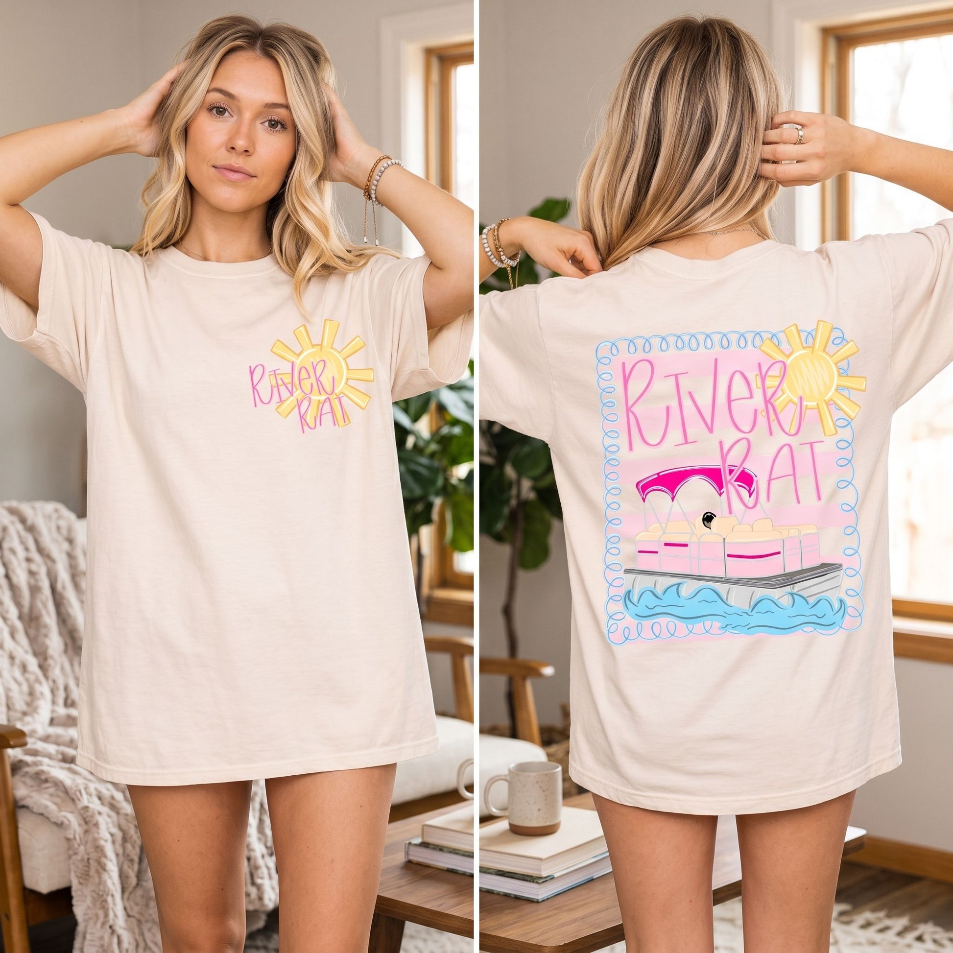 Casual River Rat graphic tee in a cozy living room setup, highlighting the soft fabric and durable print in a warm, inviting ambiance.