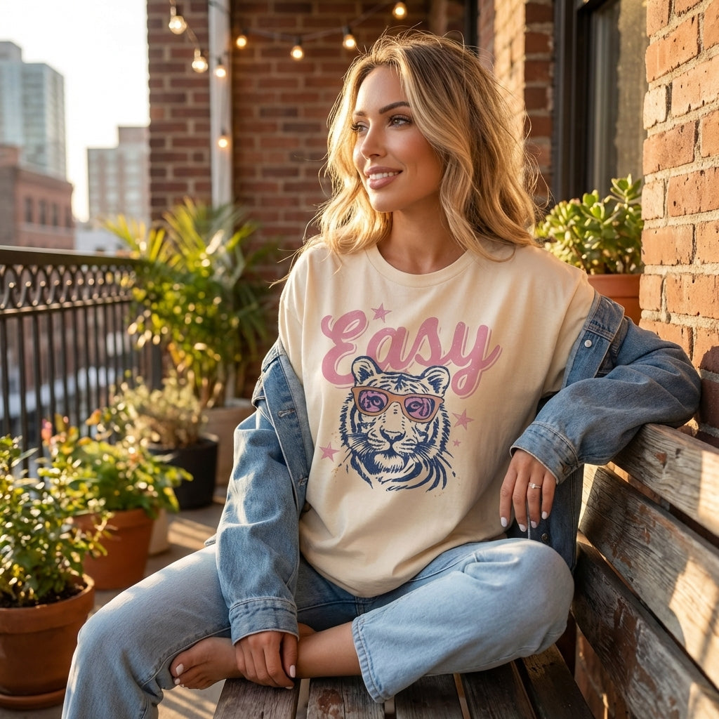 Everyday Customs Co. Retro Easy Tiger Graphic Tee | Vintage Style Short Sleeve T-Shirt | Preppy Aesthetic Top - T-Shirts