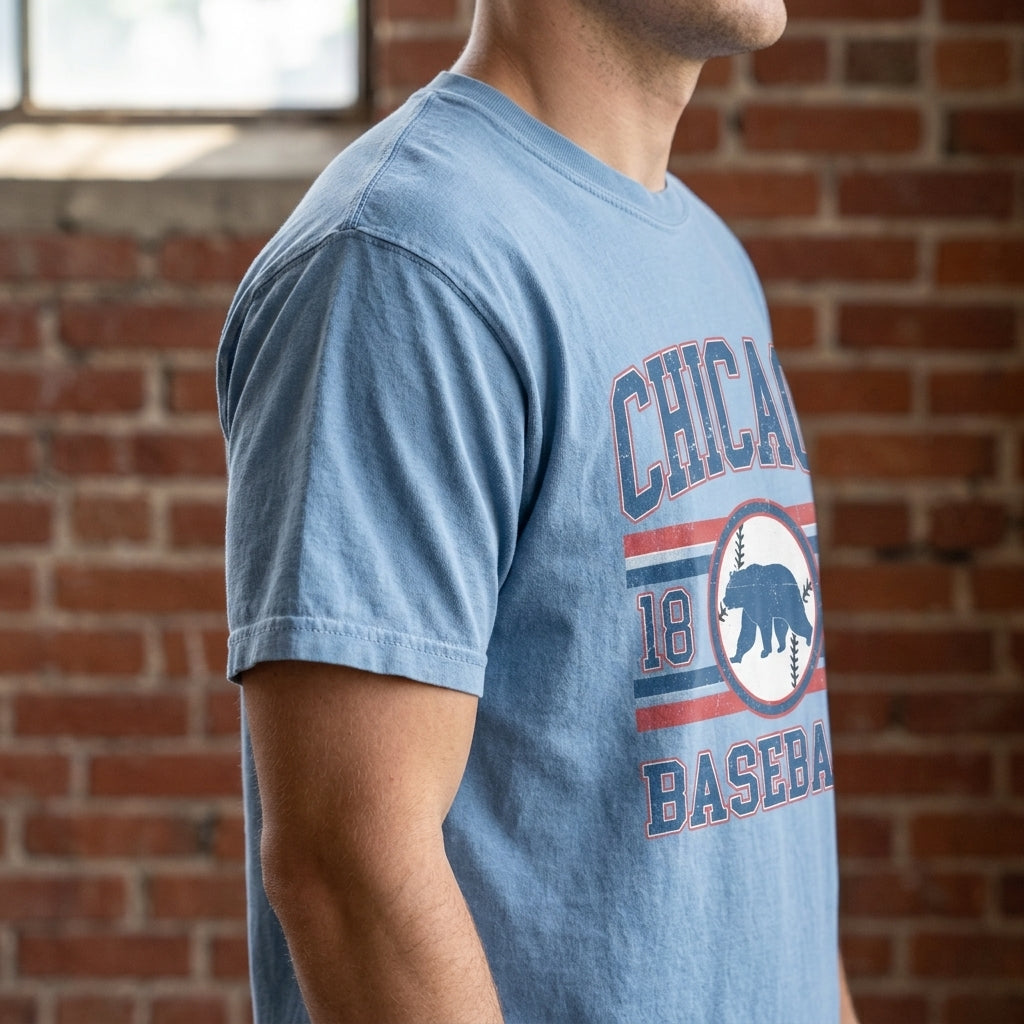 Side view of Chicago 1870 Baseball Comfort Colors T-shirt focusing on sleeve and seam details, set against weathered brick wall with soft lighting.