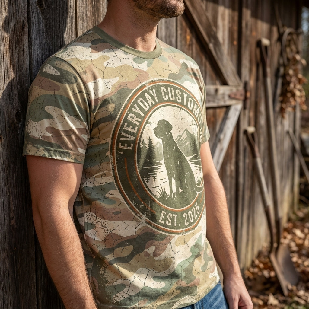 Side view of Vintage Camo Southern Dog Graphic Tee on model against rustic wood, emphasizing fabric texture and distressed graphic design.