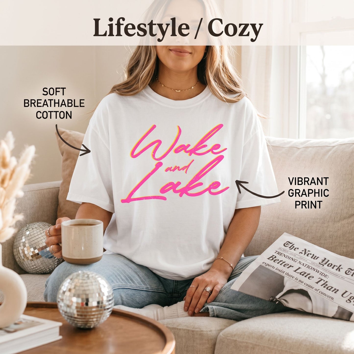 Comfortable setting featuring Wake & Lake T-Shirt with warm lighting and a relaxed, homey atmosphere.
