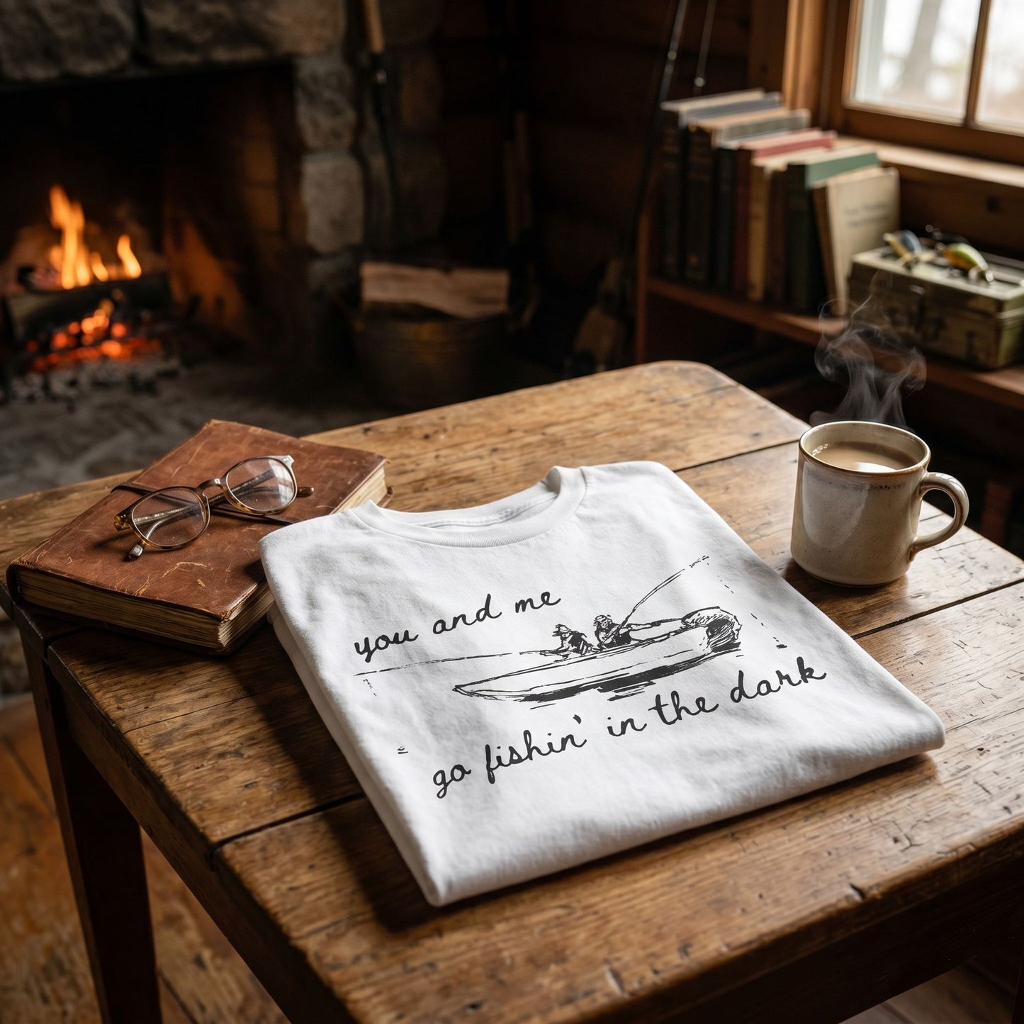 Model in casual living room wearing graphic tee, showcasing durable fabric and soft, inviting atmosphere.